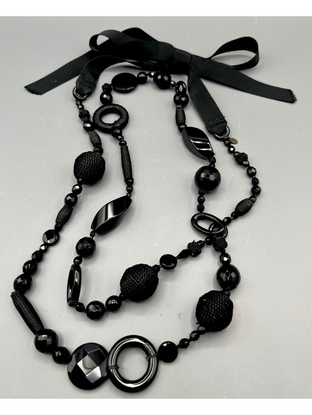 Lee Angel Long Black Beaded Necklace Mixed Media Lucite Statement Signed 42”